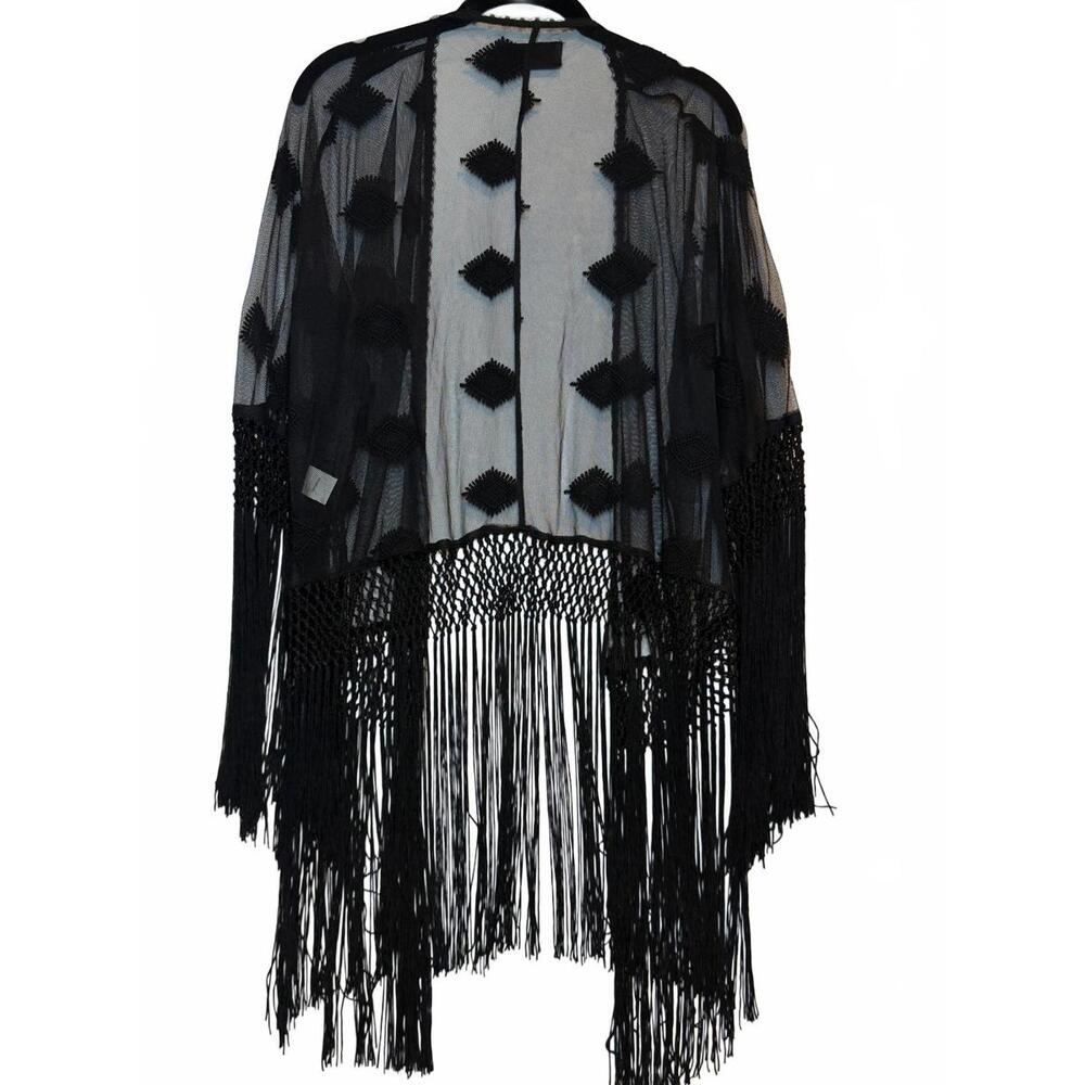 Line & Dot‎ Black Sheer Mesh Fringe Duster Cardigan Diamond Pattern Boho Size XS